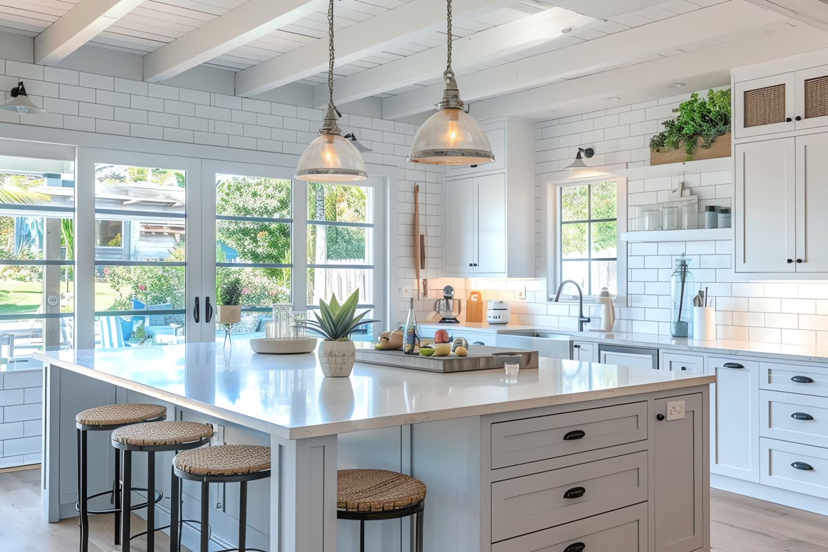 A renovated kitchen with an island and seating