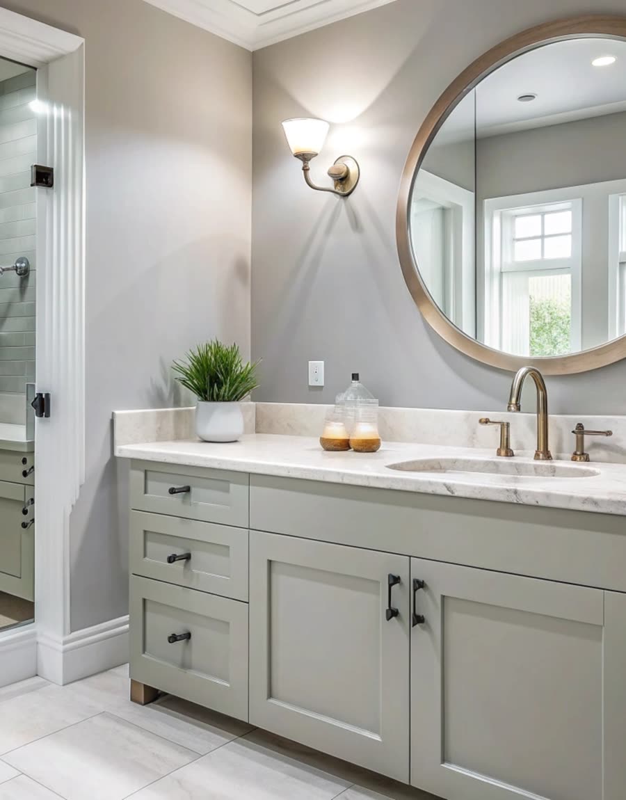 A renovated bathroom with a vanity, round mirror and glass shower