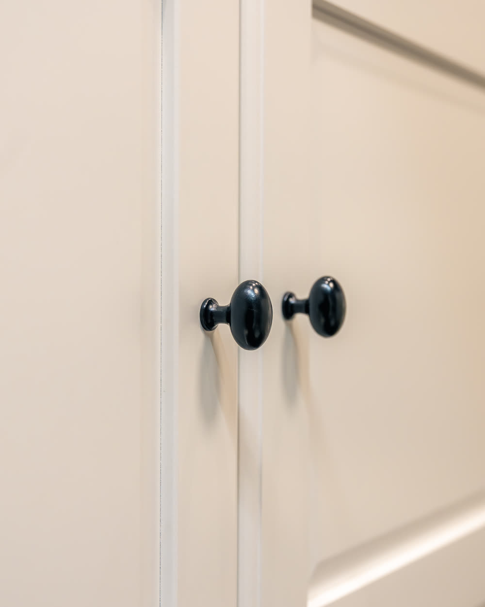 Cabinet doors in a smooth sprayed finish with black knobs
